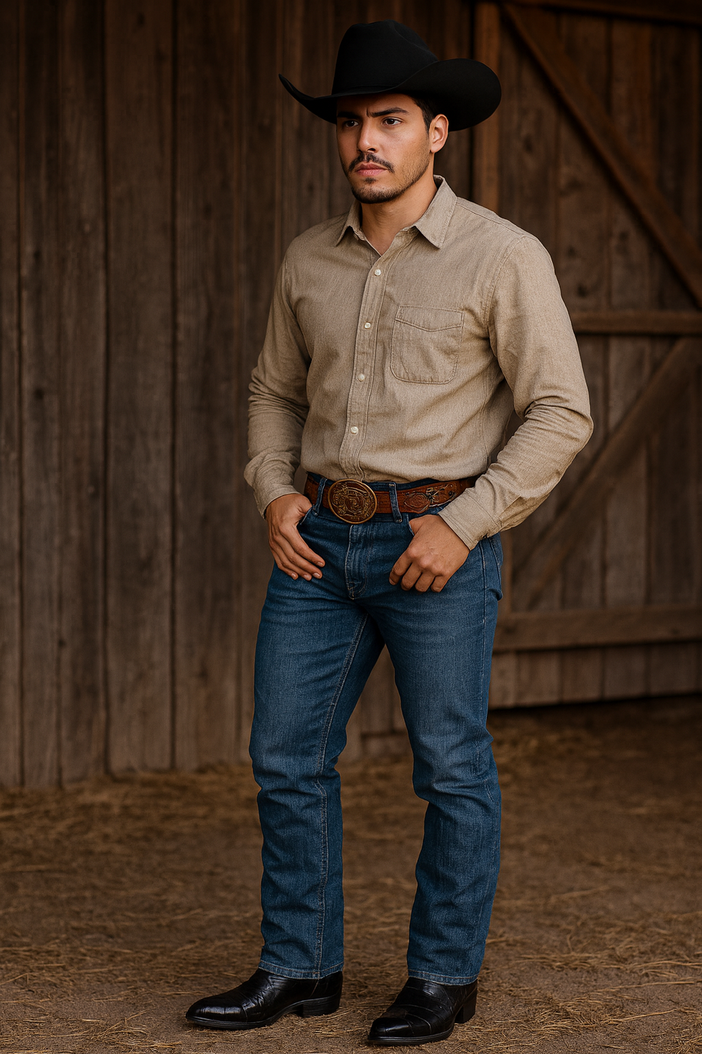 hombre cowboy mexicano joven usando botas de anguila originales debajo del pantalón estilo western