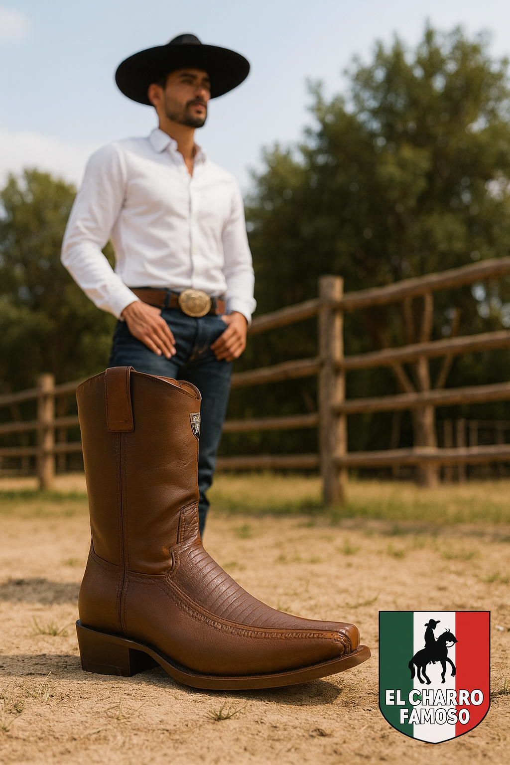 Hombre mexicano en un rancho usando botas originales de armadillo color café, estilo vaquero tradicional