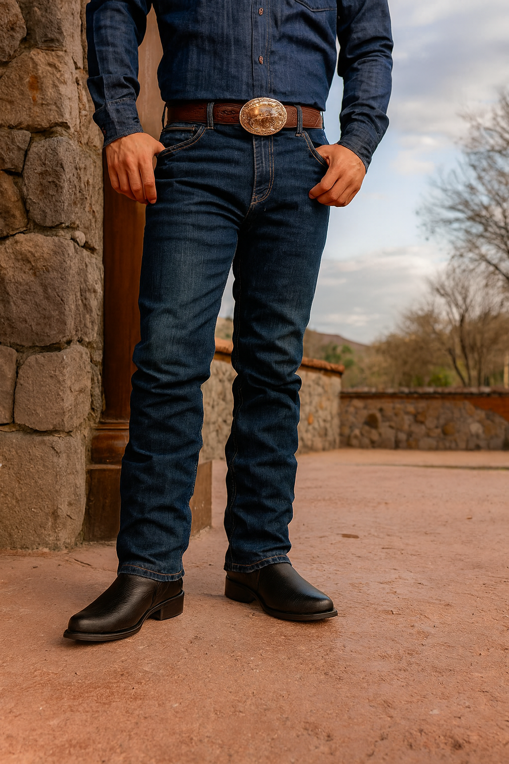 Hombre usando botas originales de piel de venado en un ambiente vaquero.