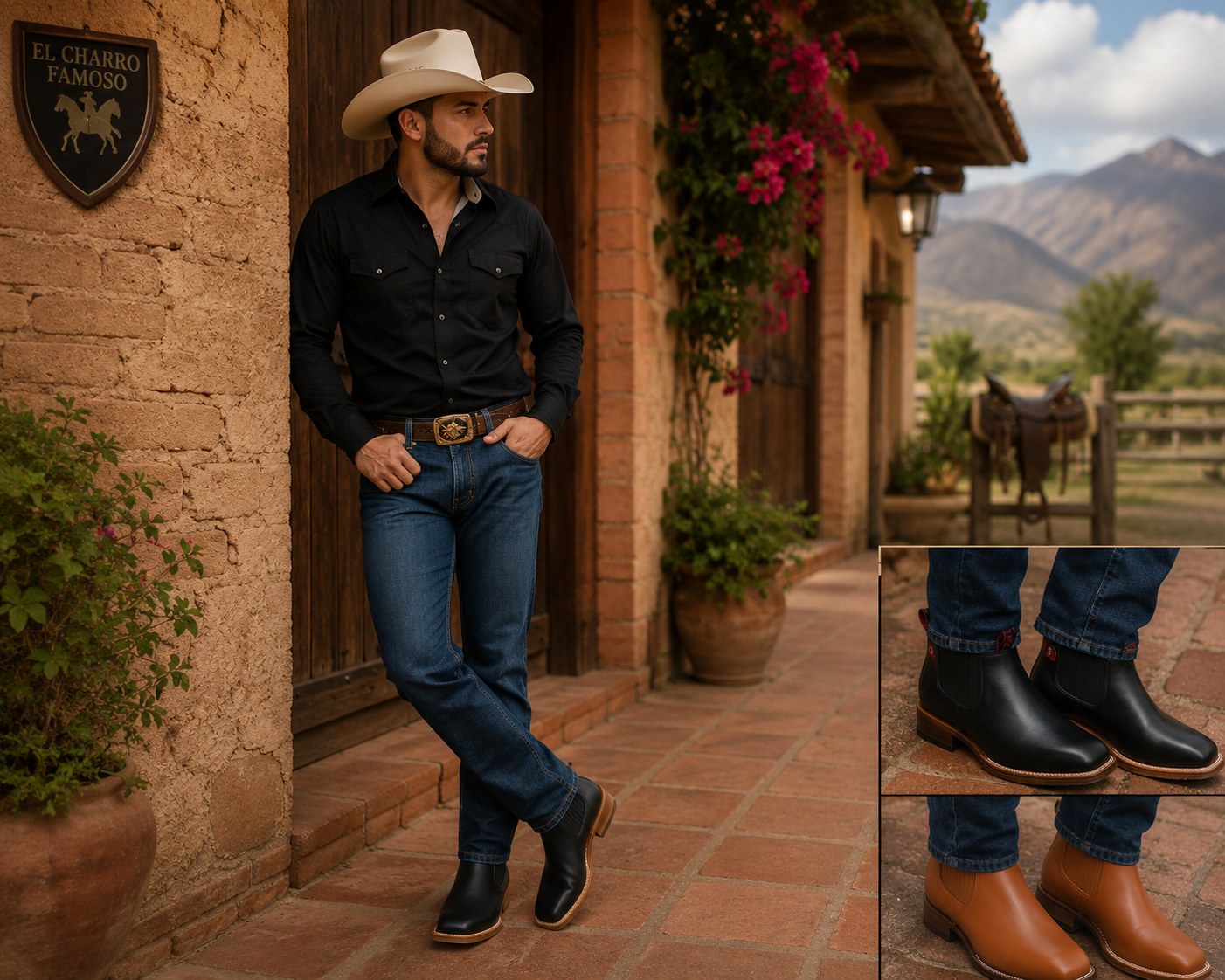 Botines vaqueros de piel para hombre en un entorno western rústico con estilo mexicano tradicional.