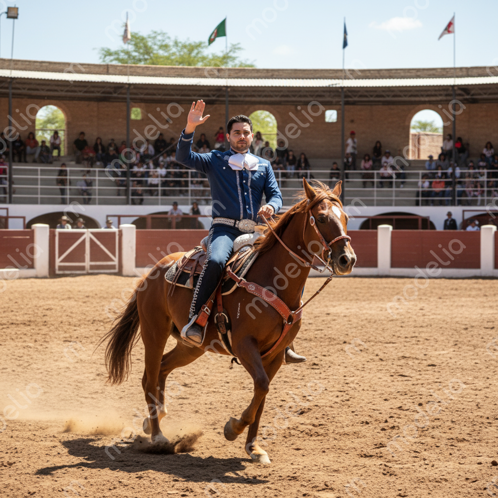 Hombre montando caballo en un lienzo charro, luciendo camisa vaquera azul