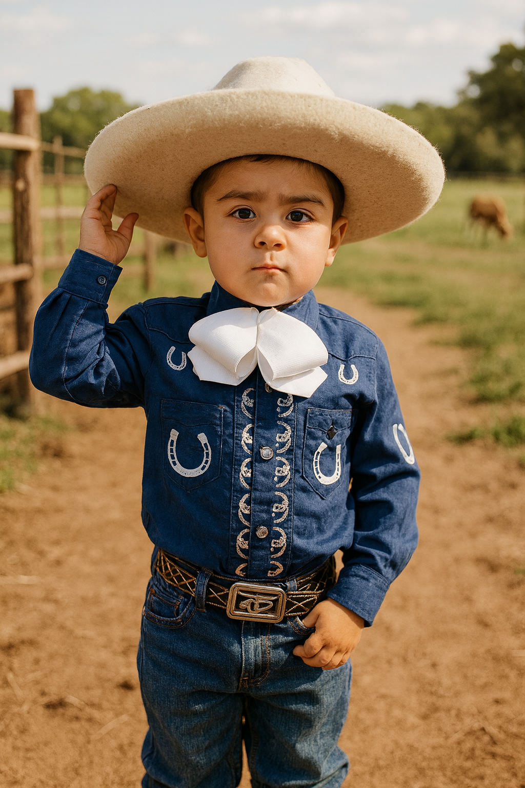 Boy wearing a traditional Mexican shirt with a large sombrero, blue shirt, blue pants, and embroidered belt, standing in a ranch.
