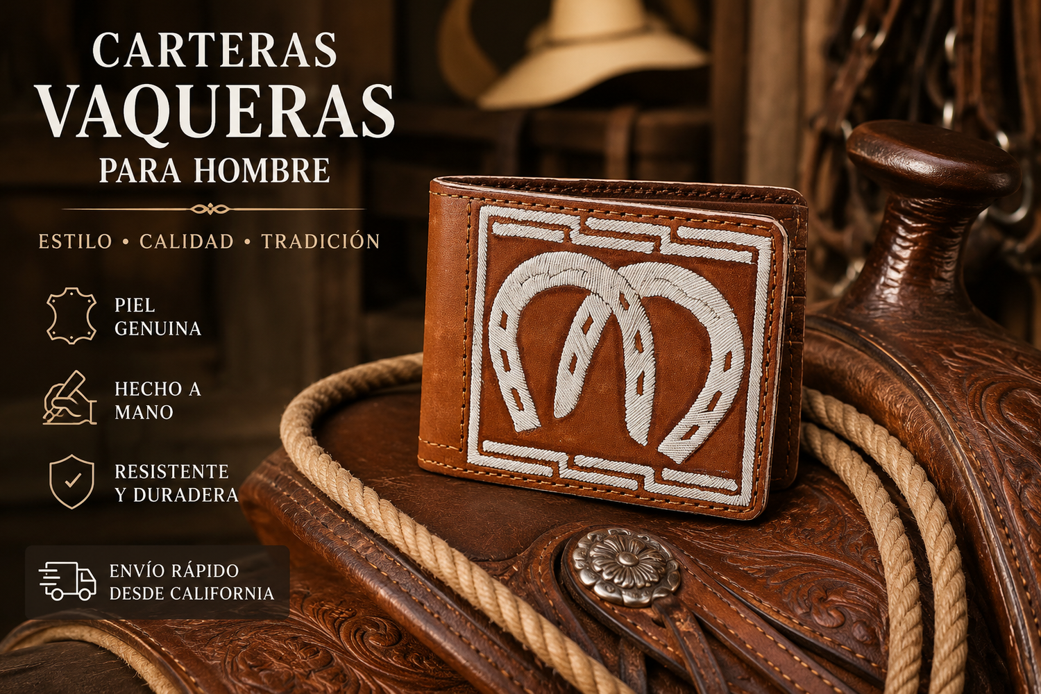 Cartera vaquera de piel para hombre sobre una silla de montar con accesorios western tradicionales.