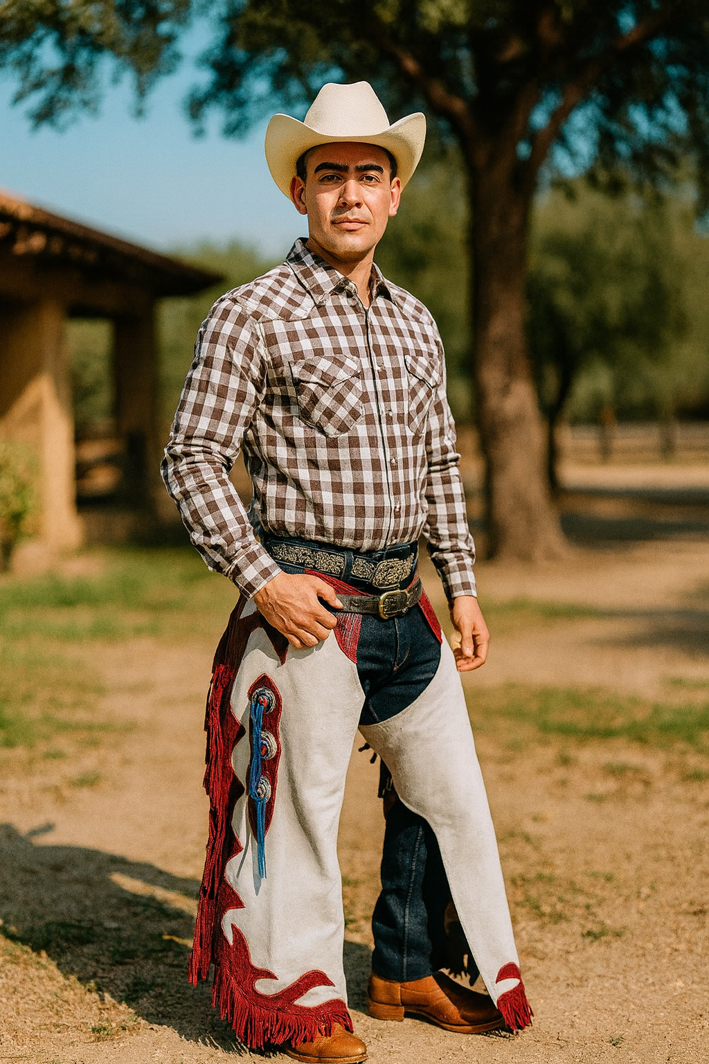 Hombre charro en un rancho usando chaparreras de piel con diseño tradicional, mostrando detalles artesanales.