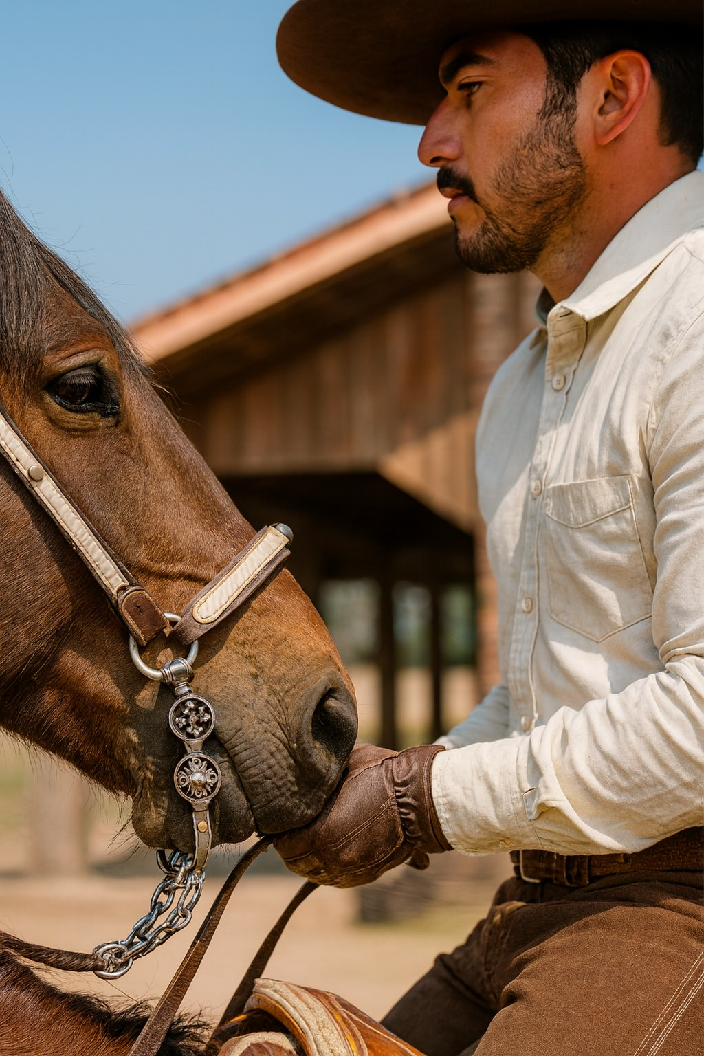 Hombre charro en un rancho colocando frenos charros decorados en la brida de un caballo, con enfoque en el freno artesanal.