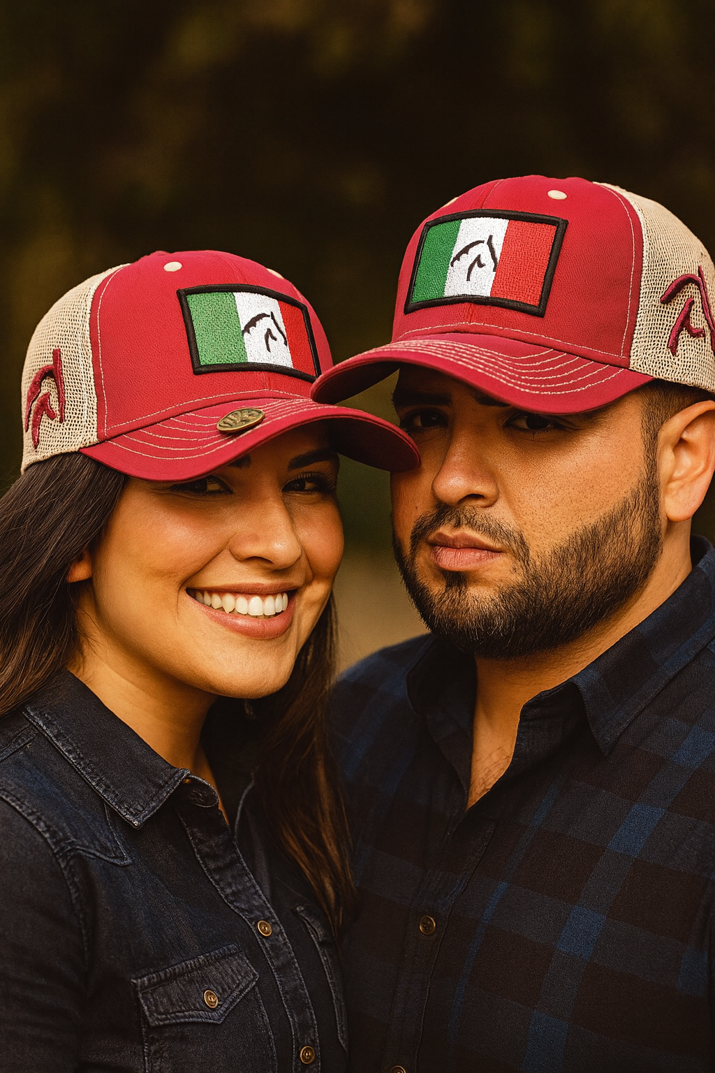 Pareja mexicana estilo western usando gorras vaqueras rojas con bandera de México y malla beige