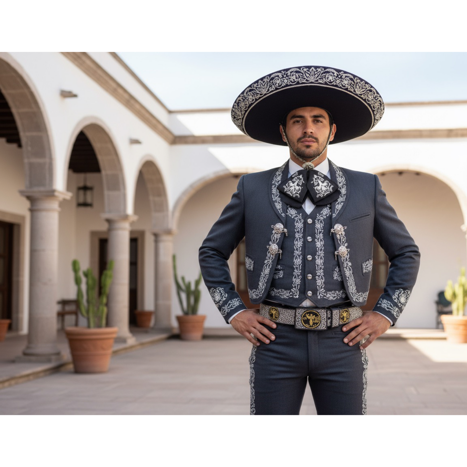 Cinto charro mexicano de piel genuina con bordado en hilo de plata y hebilla metálica decorativa, inspirado en el estilo tradicional mexicano.
