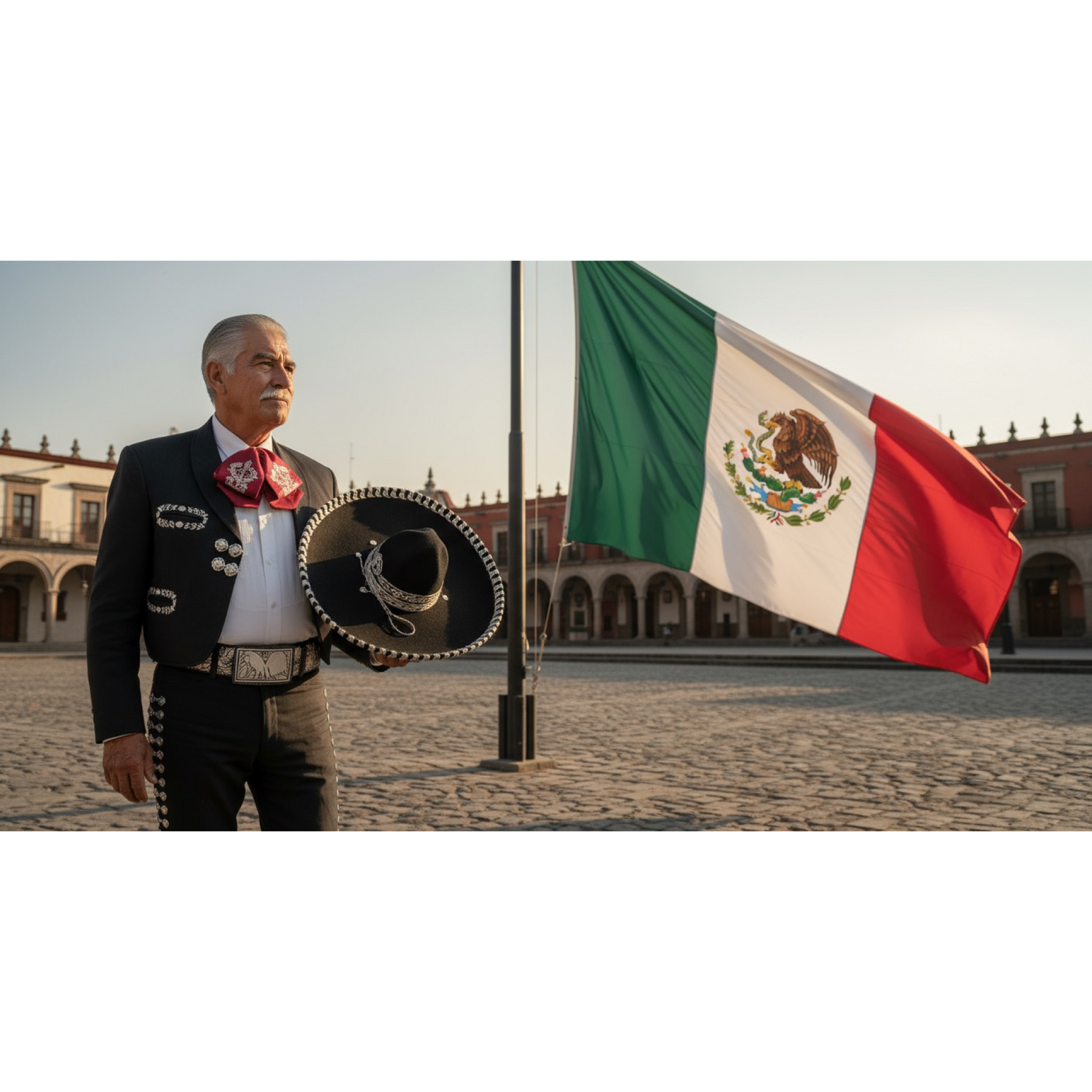 Hombre usando un cinto piteado original de cuero con diseño de gallo, sosteniendo su sombrero charro y mirando la bandera de México.