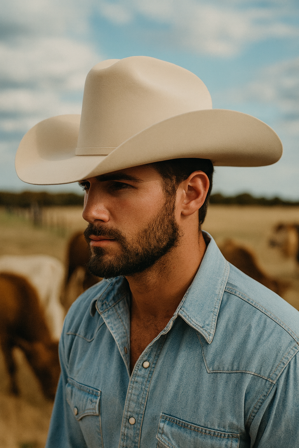 Texas cowboy wearing a Larry Mahan–style cream Western hat in a ranch setting