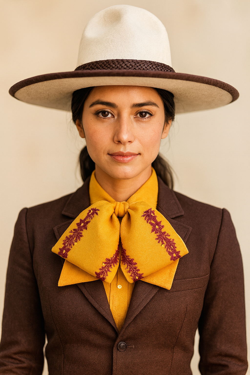 Moño charro tradicional bordado en color amarillo con detalles florales, accesorio para traje de charro