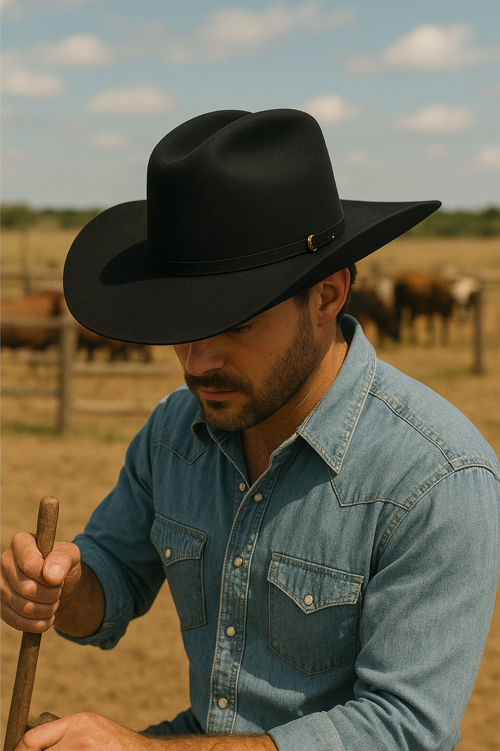 Black Serratelli Western cowboy hat with a classic cattleman crease on a clean background
