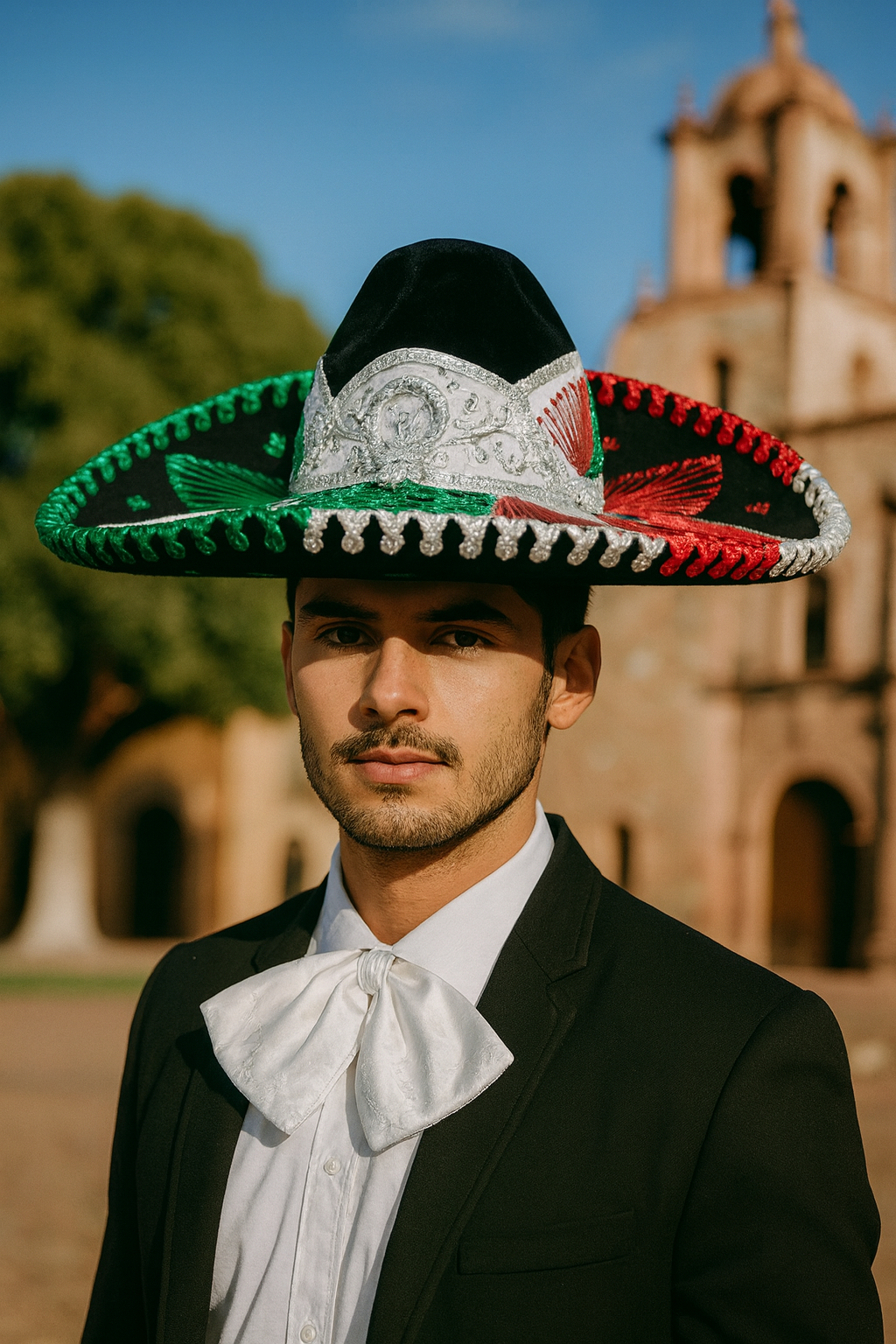 Hombre con sombrero charro mexicano negro con detalles tricolor frente a un fondo tradicional