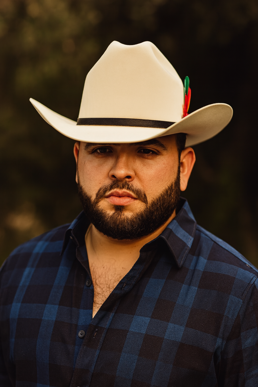 Modelo masculino usando un sombrero crema estilo Carín León con pluma roja, verde y amarilla en el costado