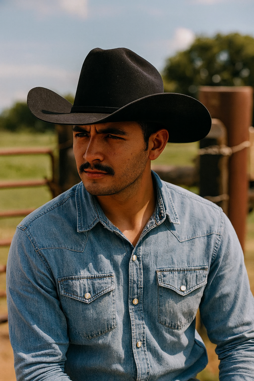 Charro mexicano usando un sombrero Stetson 100X negro en un rancho con enfoque en la texana
