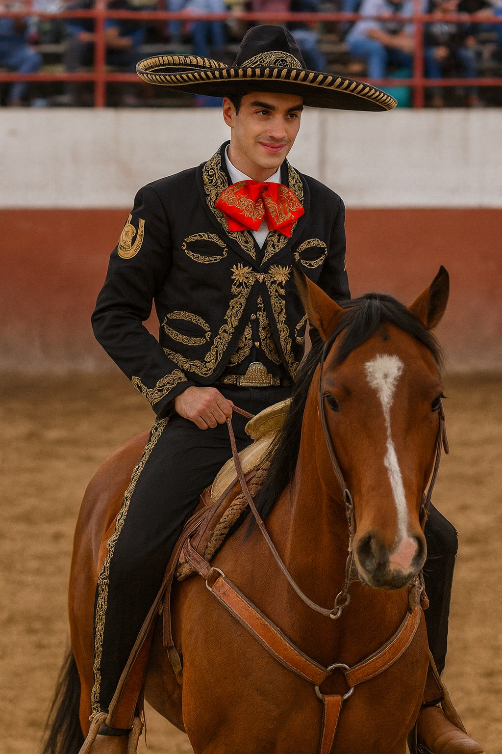 Trajes de charro negros tradicionales frente a un fondo decorado mexicano, atuendo elegante para celebraciones culturales.