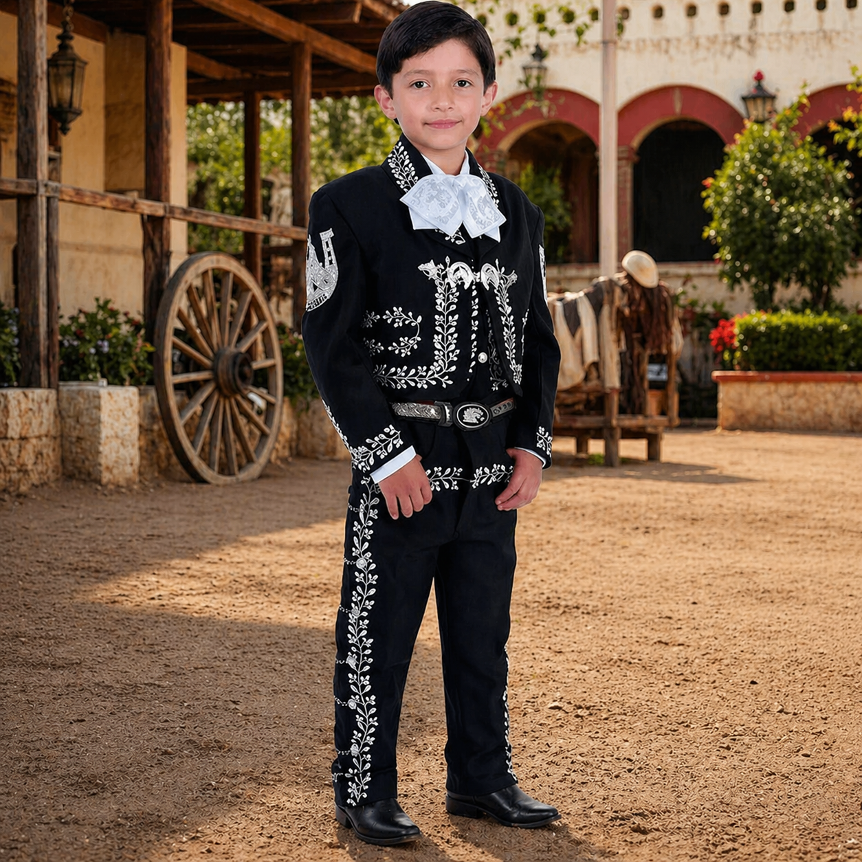 Traje de charro para niño color negro con detalles bordados, conjunto elegante hecho en México ideal para bodas y celebraciones.