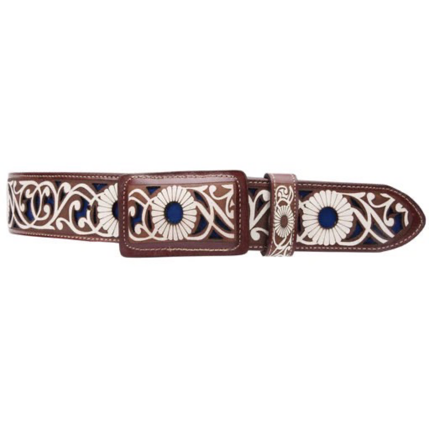A brown leather belt with a patterned design, featuring white and blue floral motifs and a decorative metal buckle.