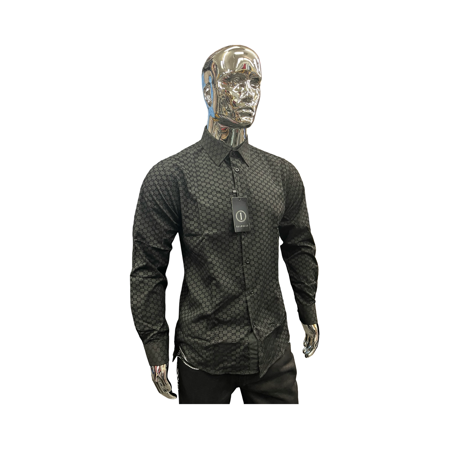 Camisa para Hombre Manga Larga Negra con Patrón Geométrico Moderno