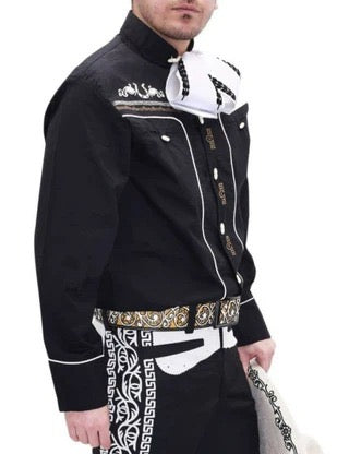 Camisa Charra para Hombre Color Negro con Blanco – Estilo Mexicano Elegante