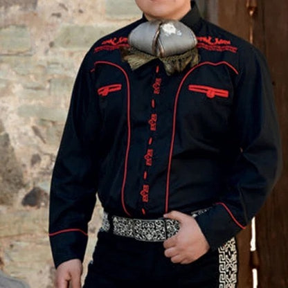 Camisa Charra para Hombre Negra con Bordado Rojo – Camisa de Charro Elegante