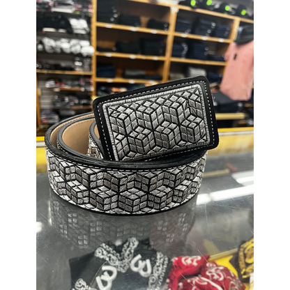 Cinto Vaquero Bordado Ancho 2" Negro con Plata de Grecas