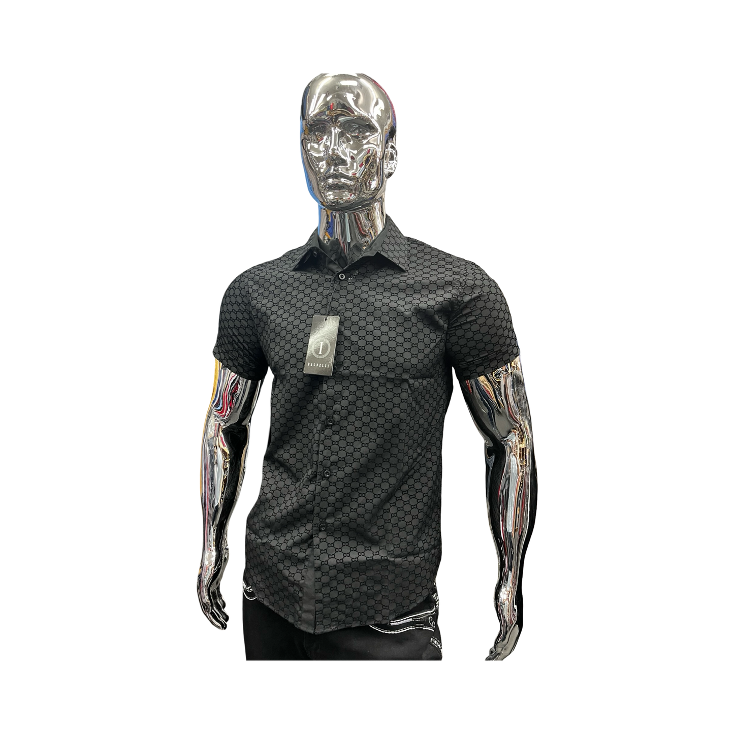 Camisa de Manga Corta con Patrón Geométrico Moderno – Negro