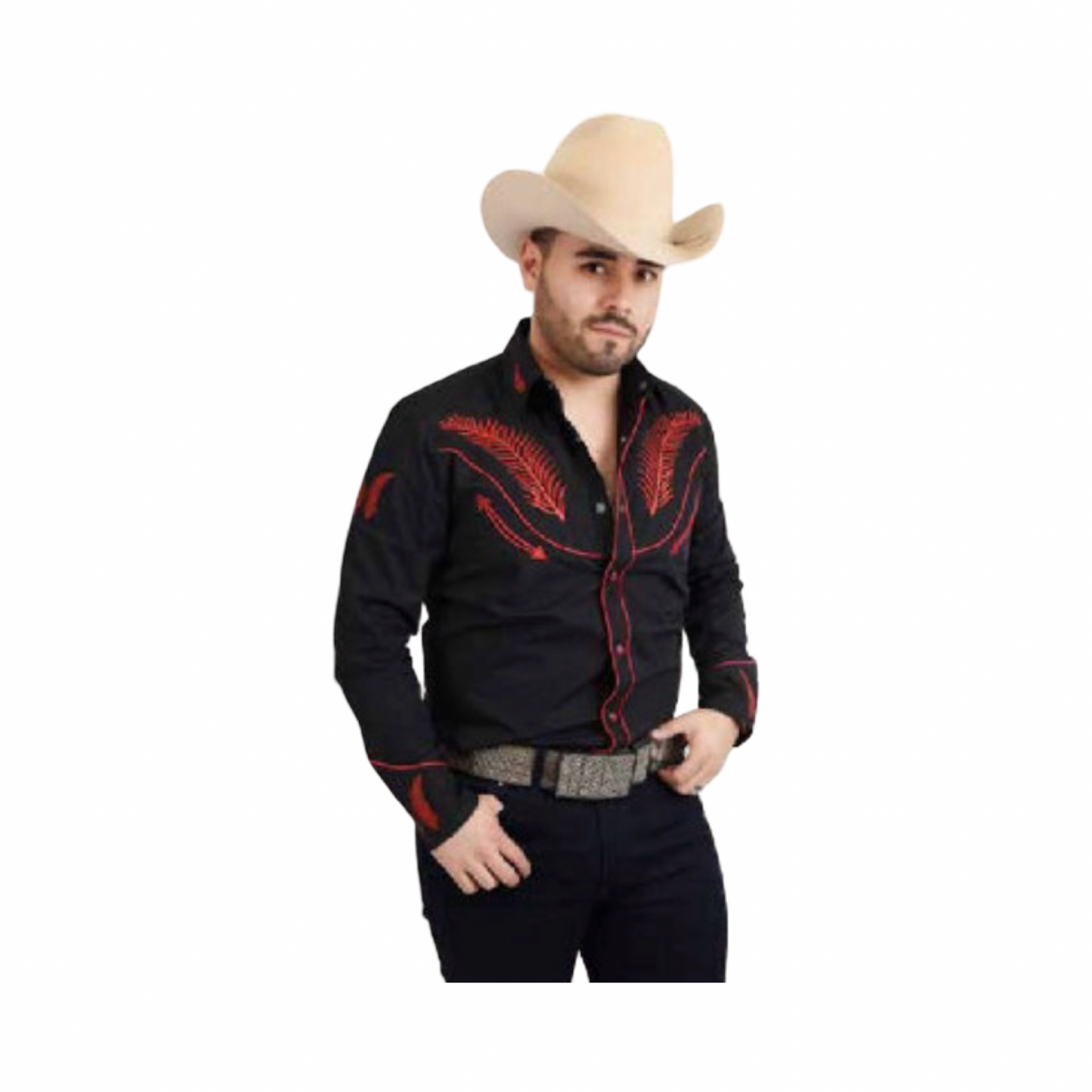 Camisa Vaquera Negra Bordada con Detalles Rojos (Nuevo Diseño) – White Diamonds Boots