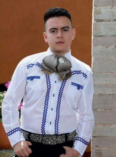 Camisa Charra para Hombre Blanca con Bordado Azul – Tradición Mexicana