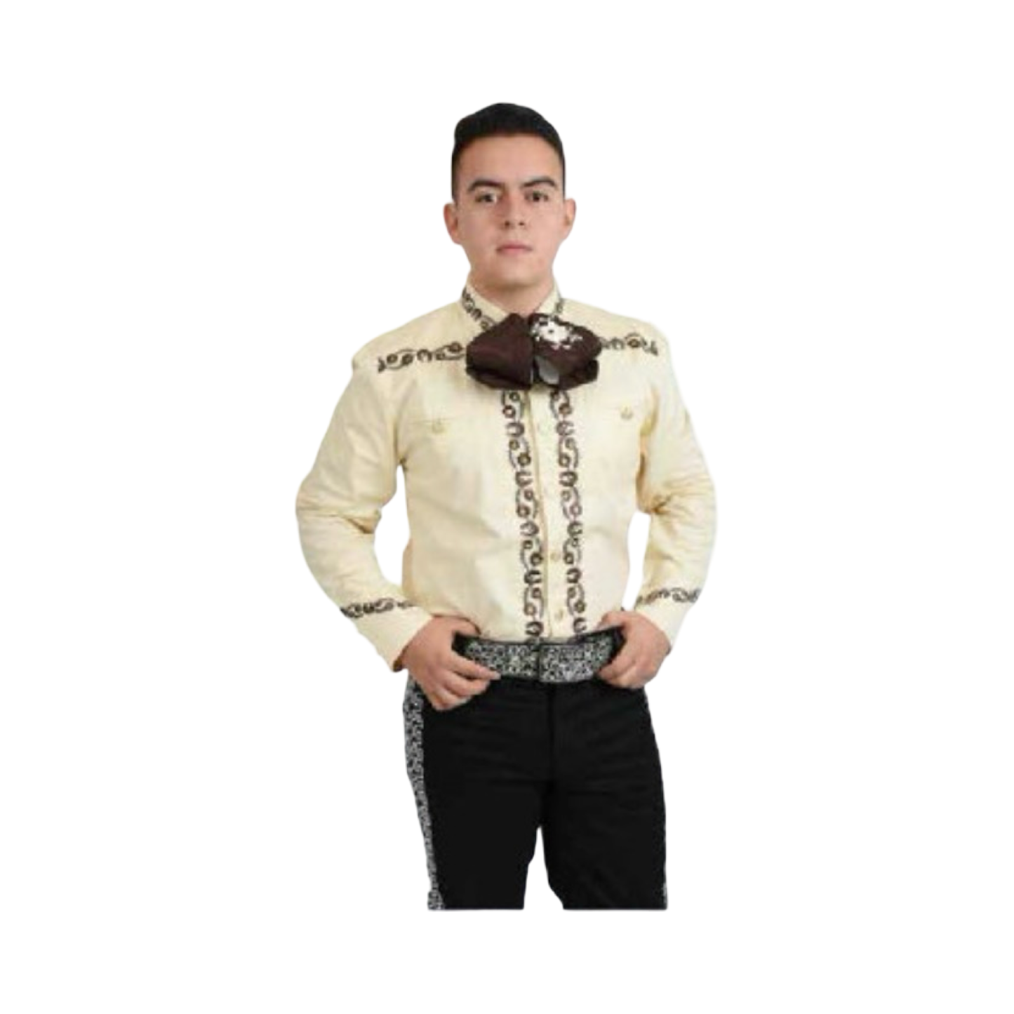 Camisa Charra Beige con Café para Hombre – Bordado Tradicional Mexicano