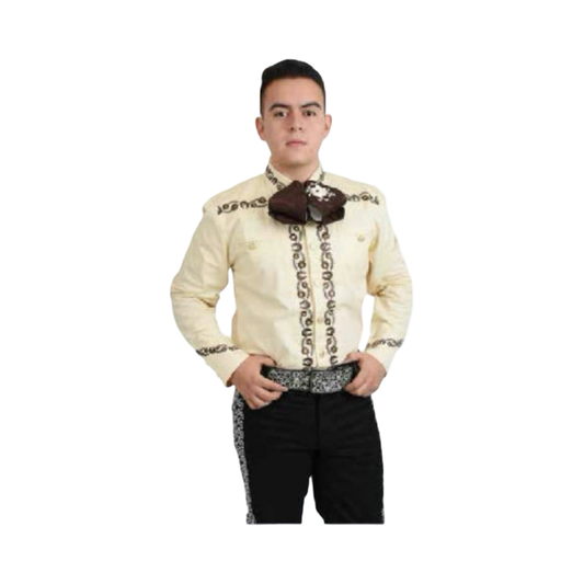 Camisa Charra Beige con Café para Hombre – Bordado Tradicional Mexicano
