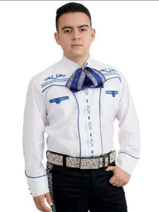 Camisa Charra para Hombre Blanca con Bordado Azul – Tradición Mexicana