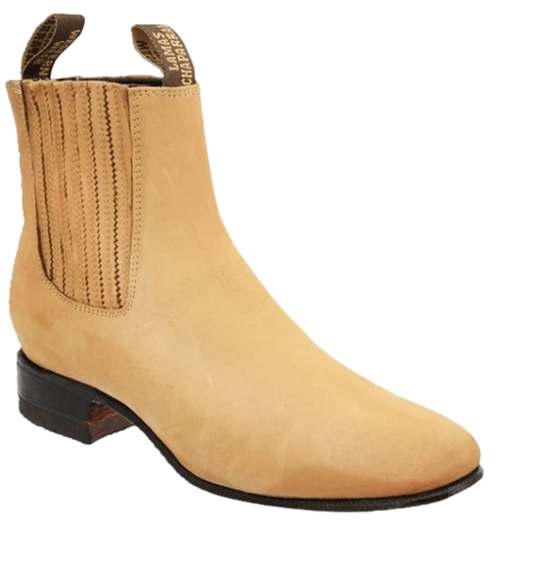 A brown Charro ankle boot for men with a square toe and a traditional low heel, made of genuine leather.
