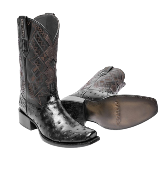 A pair of black MAHUESTIC brand boots with a distinctive texture and visible quill bumps, designed with a square toe style.