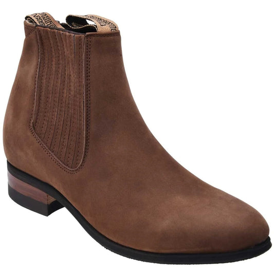 A brown suede ankle boot with a round toe and a low heel, featuring side stretch panels and a pull-on top.