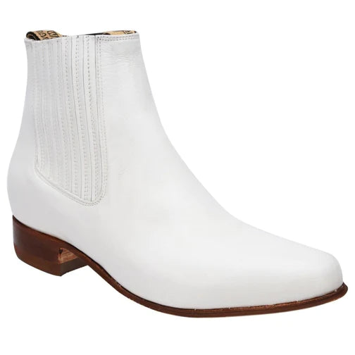 A white ankle boot with a round toe and a low traditional heel, made of genuine leather, designed for men.