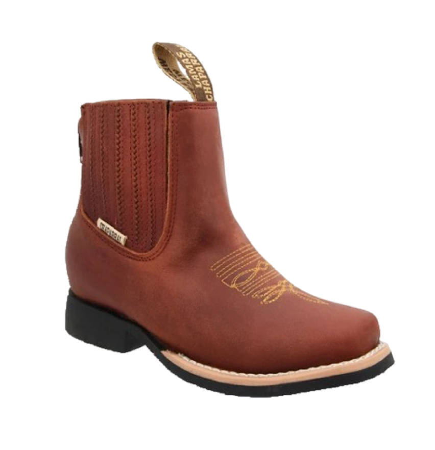 A traditional brown leather charro boot for children with decorative stitching and a square toe.