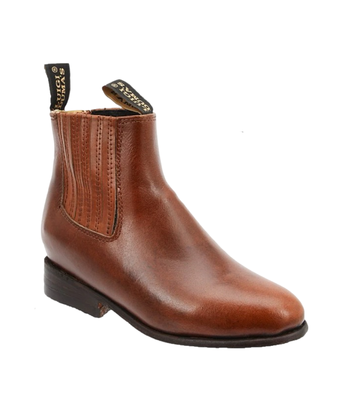 A traditional brown leather charro boot for children with a square toe and decorative stitching.