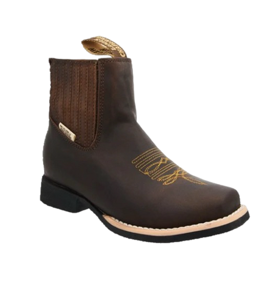 A traditional brown leather charro boot for children with decorative stitching and a square toe.