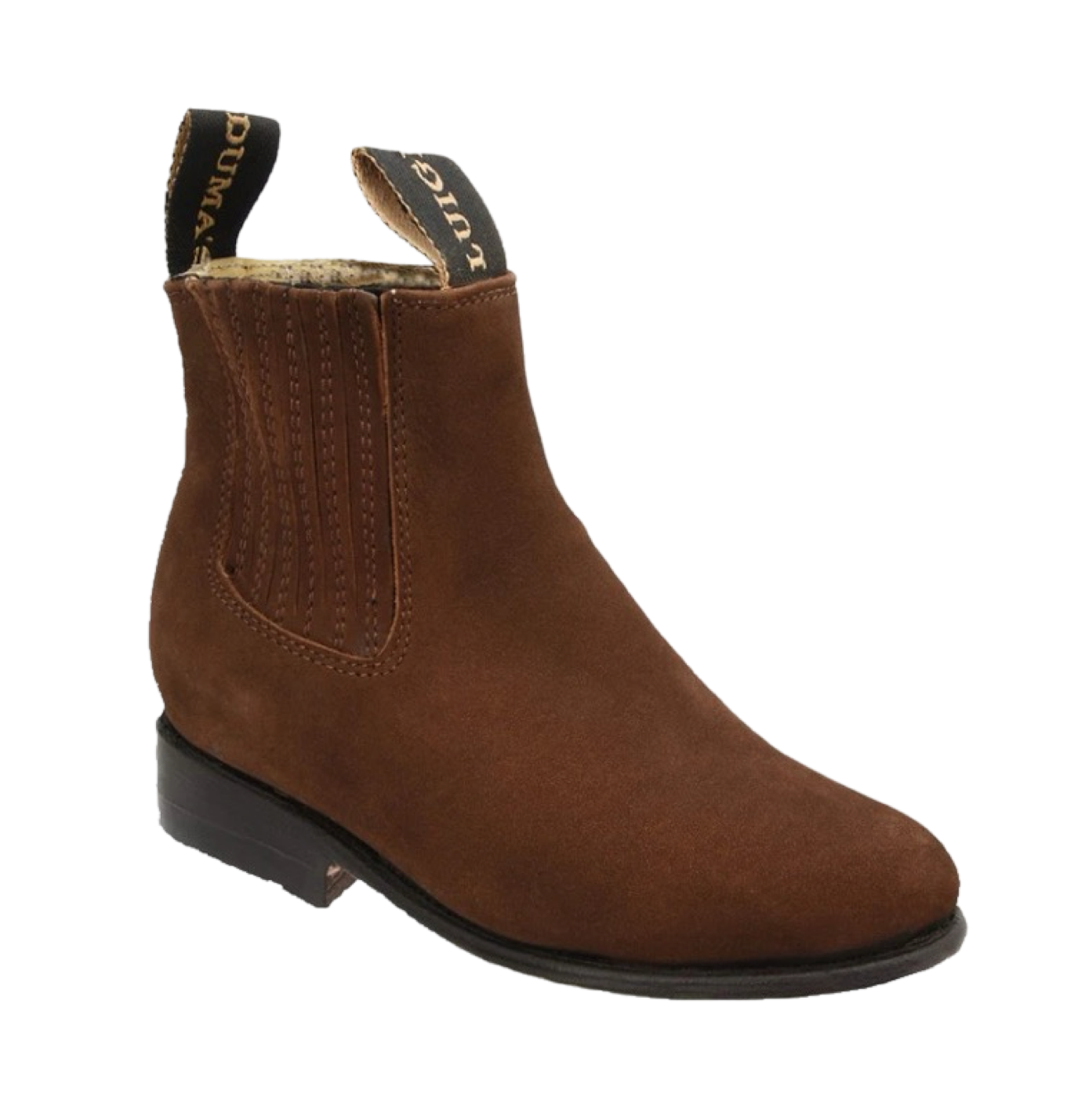 A brown suede child's boot with a square toe and decorative stitching.