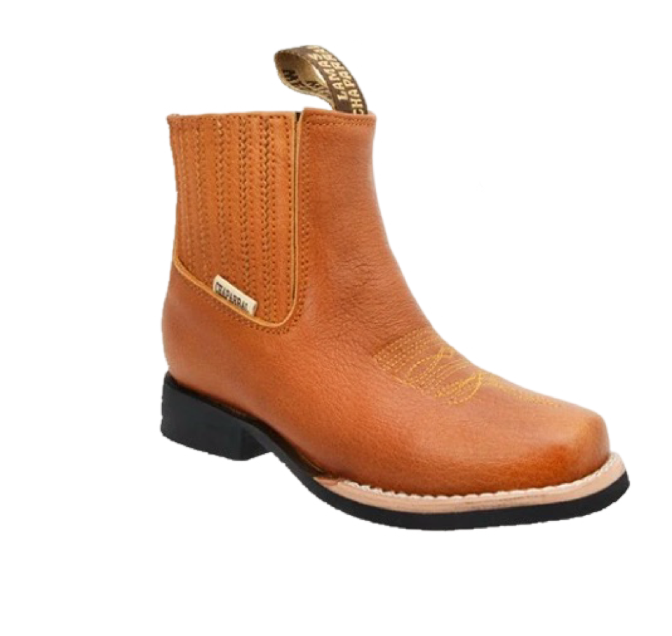 A kid's brown leather boot with a square toe and decorative stitching.