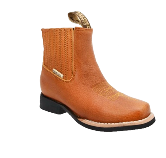A kid's brown leather boot with a square toe and decorative stitching.