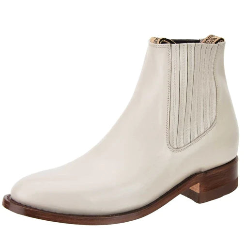 A white ankle boot with a square toe and a wooden heel, made of genuine leather, featuring side stretch panels.