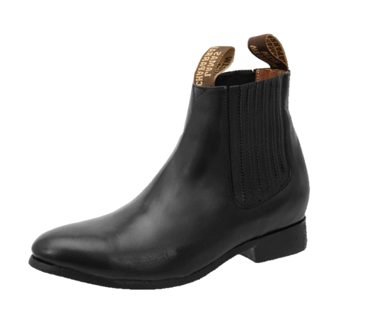 A black Charro ankle boot for men with a square toe and a traditional low heel, made of genuine leather.