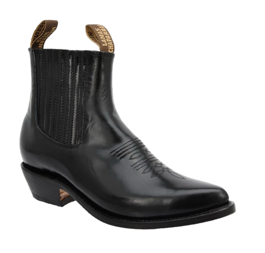 A black Charro ankle boot for men with a square toe and a traditional 1.5-inch heel, made of genuine leather, featuring decorative stitching and side elastic inserts.