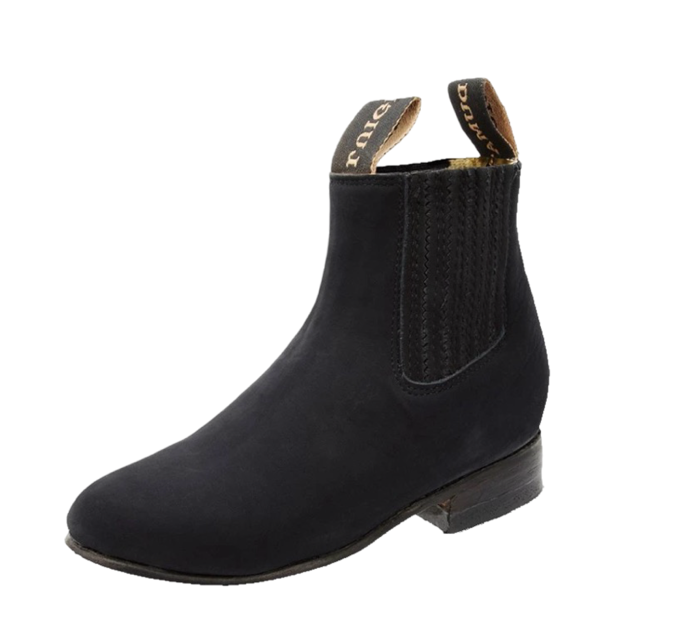 A black traditional Mexican charro boot for children with a square toe and decorative stitching.