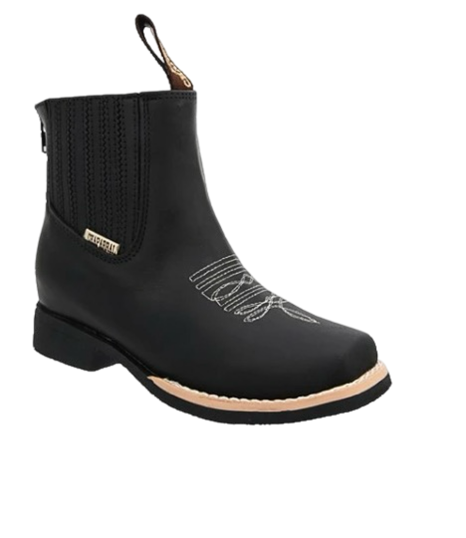 A black charro boot for a child with a square-toe design, decorative stitching, and a brown sole.