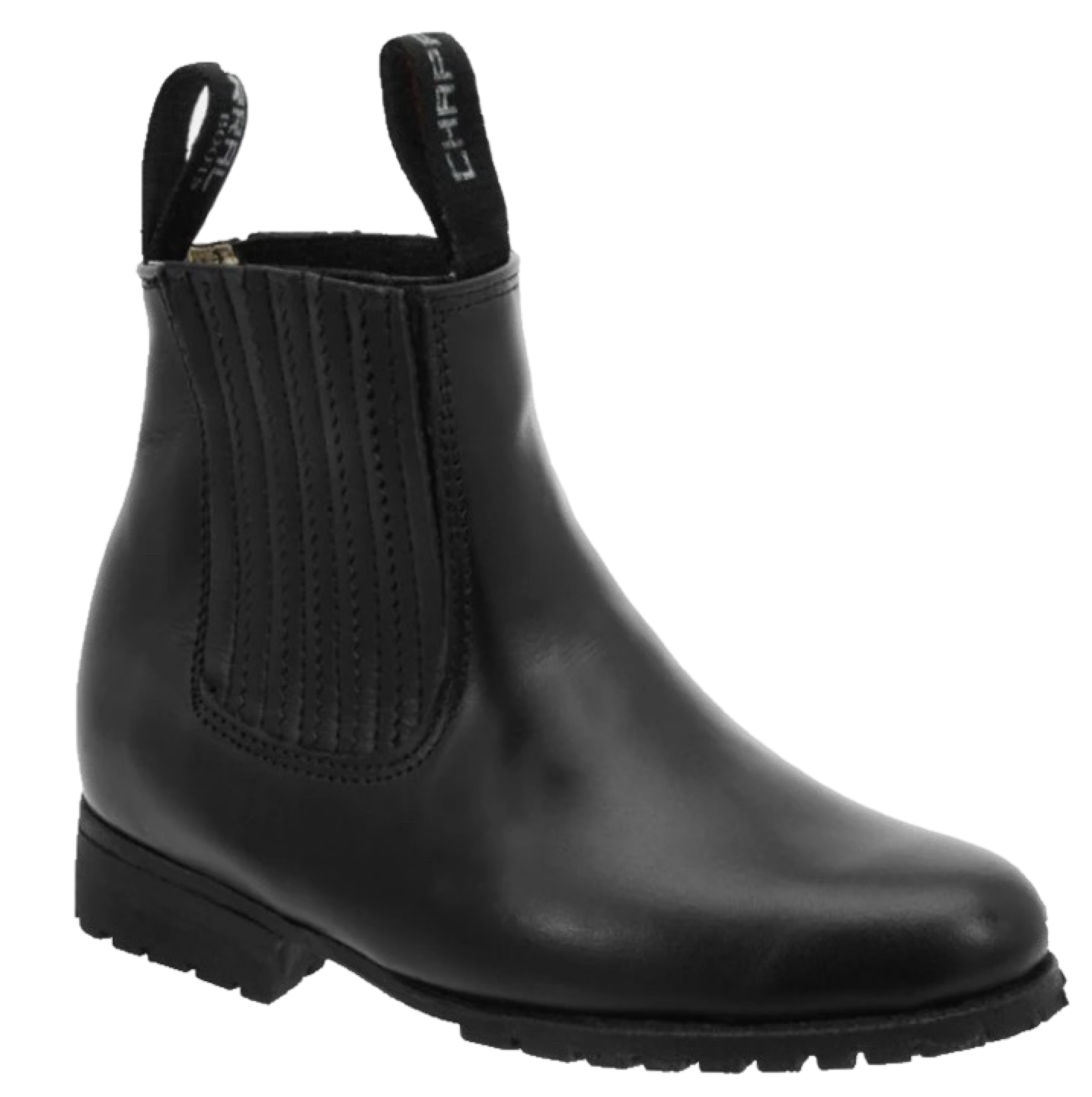 Black rubber boot with a white background