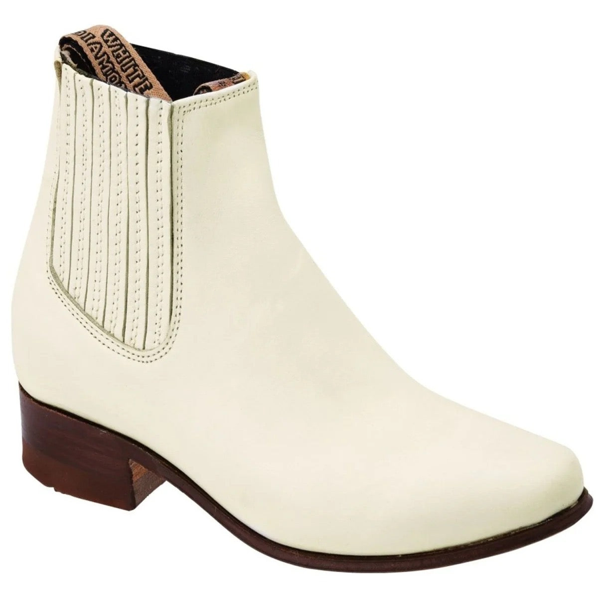 White ankle boot with brown heel on a white background