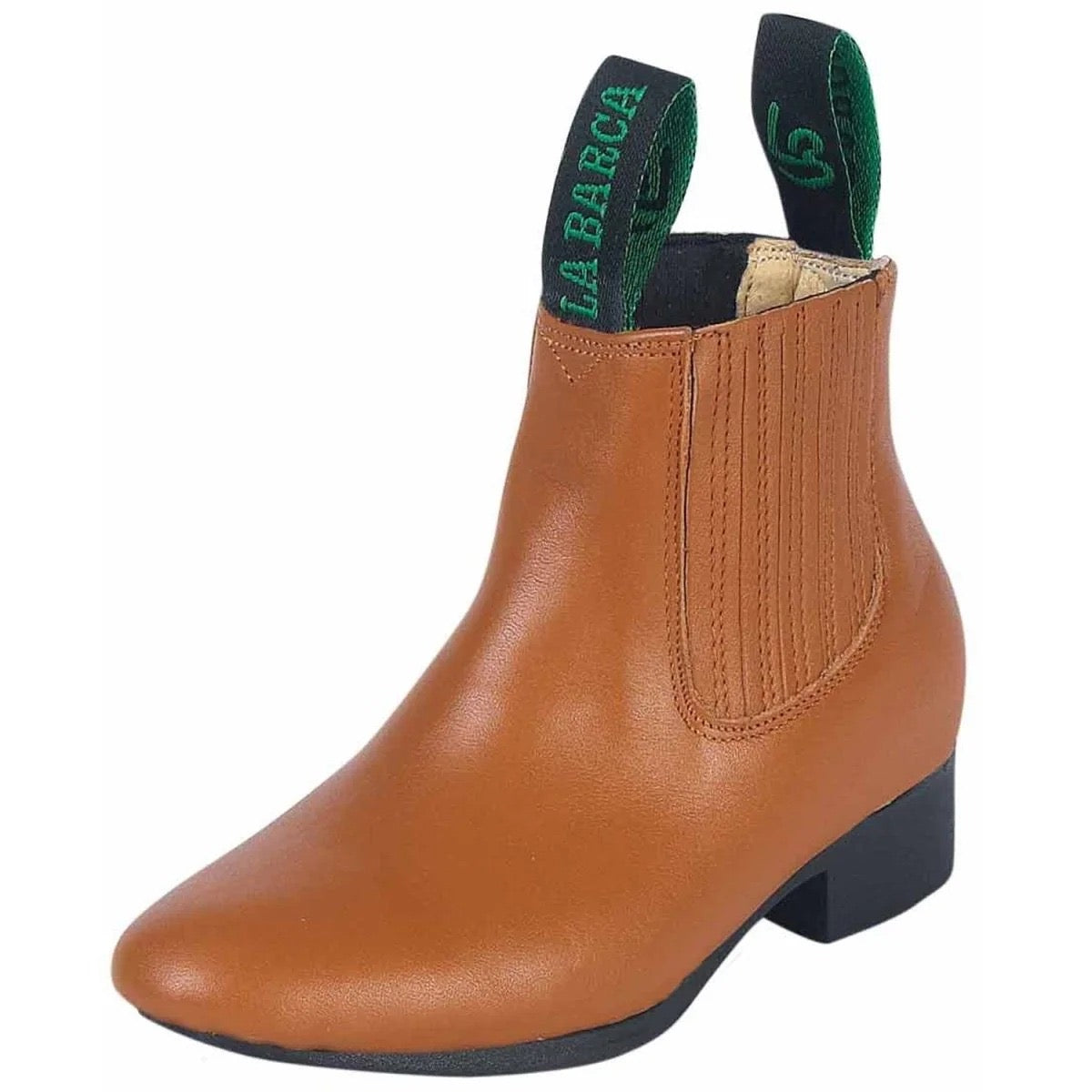 Brown ankle boot with green interior and 'La Barca' branding on a white background