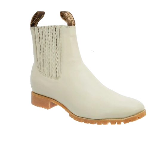 An off-white Charro ankle boot for men made of genuine leather with a square toe and a low traditional heel, featuring side elastic inserts and a pull-up leather finish.